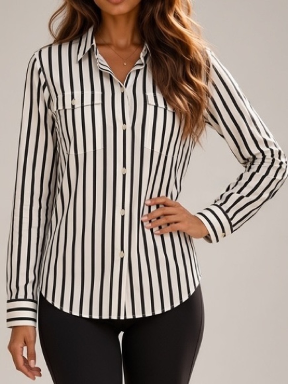 Lauren Ralph Lauren White and Black Vertical Stripe Button-Down Shirt